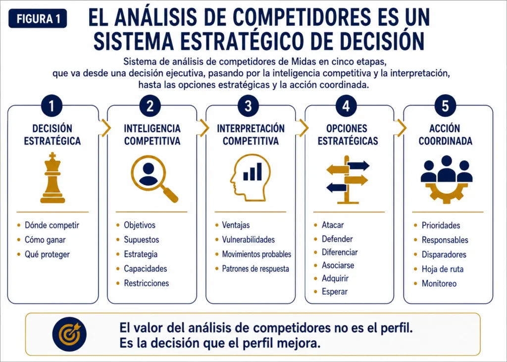 Sistema de análisis de la competencia de Midas en cinco etapas, que avanza desde una decisión ejecutiva, pasando por la inteligencia y la interpretación de los competidores, hasta las opciones estratégicas y la acción coordinada.
