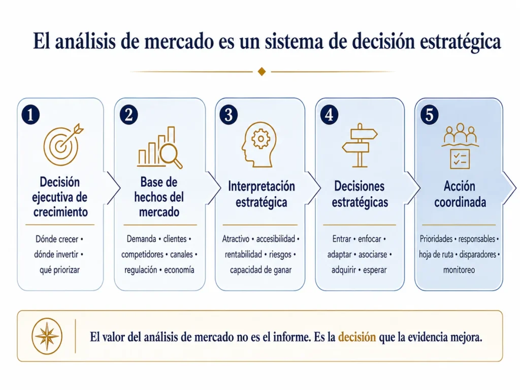 Sistema de análisis de mercado de Midas en cinco etapas, que avanza desde una decisión ejecutiva de crecimiento, pasando por la base de información del mercado y la interpretación estratégica, hasta las decisiones y la acción coordinada.