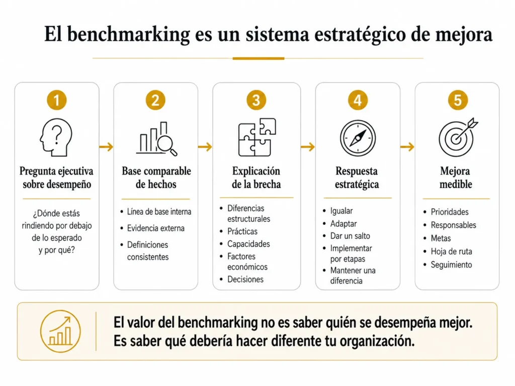 Sistema de benchmarking de Midas en cinco etapas, que avanza desde una pregunta ejecutiva de desempeño, pasando por una base de evidencia comparable y la explicación de la brecha, hasta una respuesta estratégica y una mejora medible.