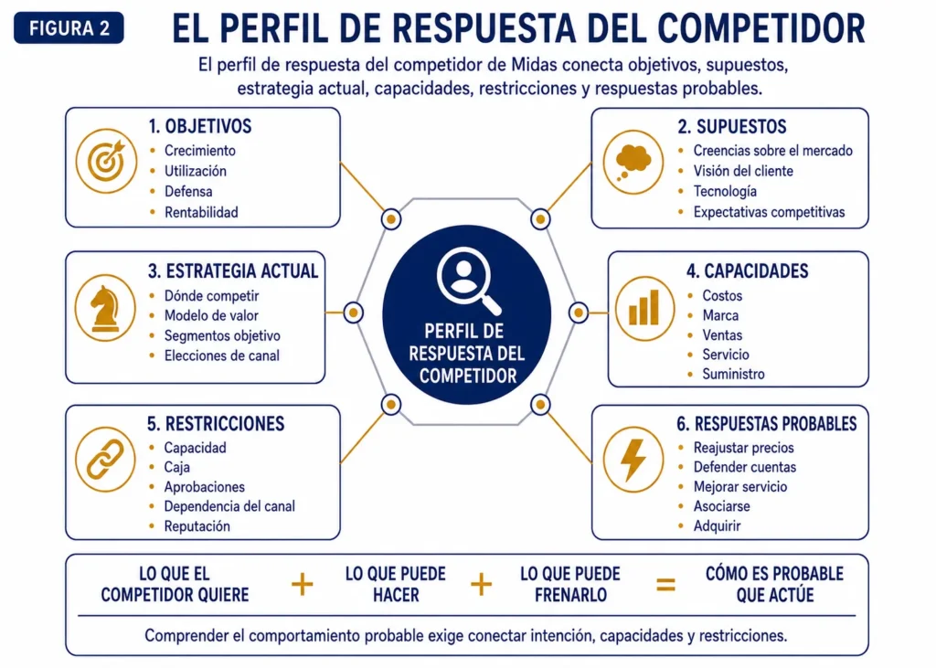 Perfil de respuesta de competidores de Midas que conecta objetivos, supuestos, estrategia actual, capacidades, restricciones y respuestas probables.
