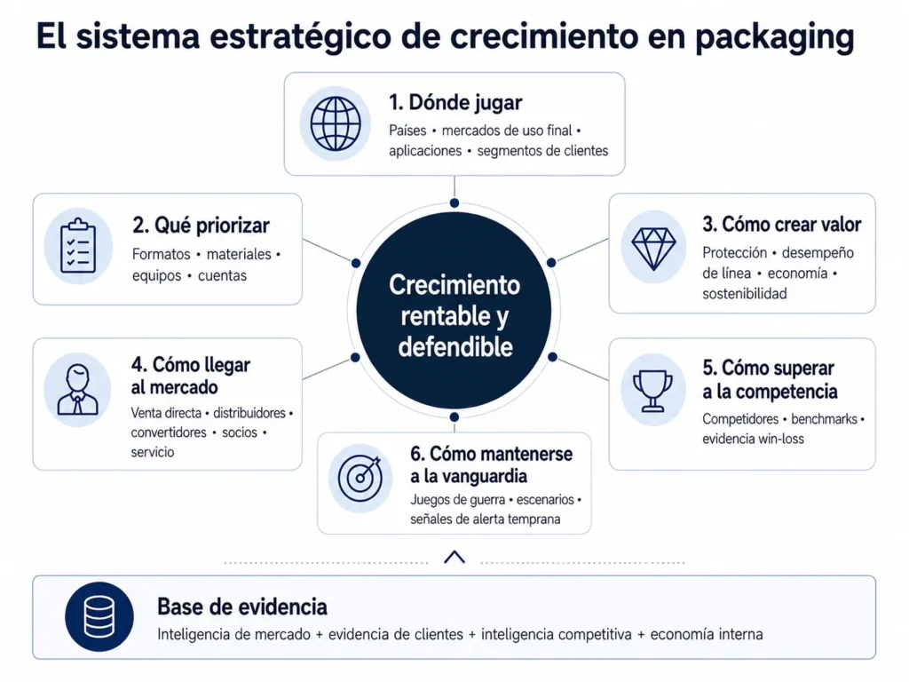 Marco de consultoría de Midas para la industria del packaging que conecta priorización de mercados, formatos y materiales de packaging, valor para el cliente, desempeño de línea, rutas al mercado, inteligencia competitiva, benchmarking, wargames y señales de alerta temprana con crecimiento rentable.