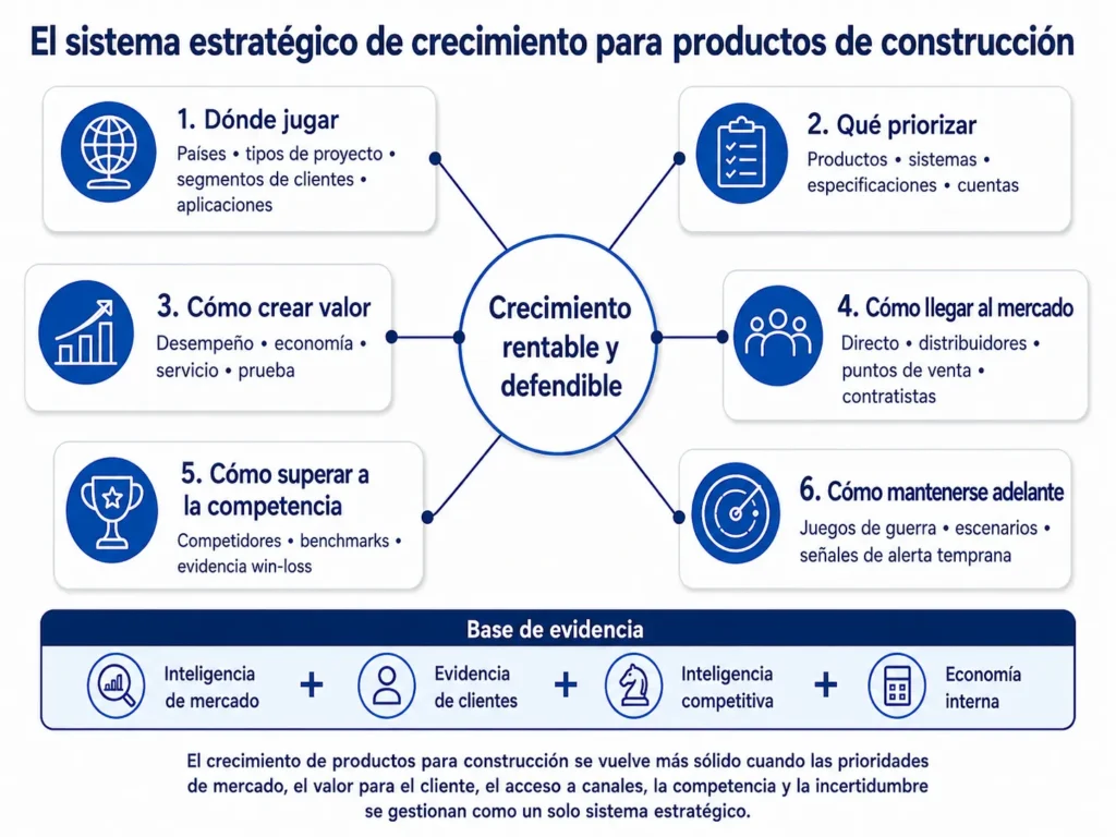 Marco de Consultoría en Productos para la Construcción de Midas que conecta la priorización de mercados, los sistemas de productos, el valor para el cliente, las rutas al mercado, la inteligencia competitiva, el benchmarking, los wargames y las señales de alerta temprana para impulsar un crecimiento rentable.
