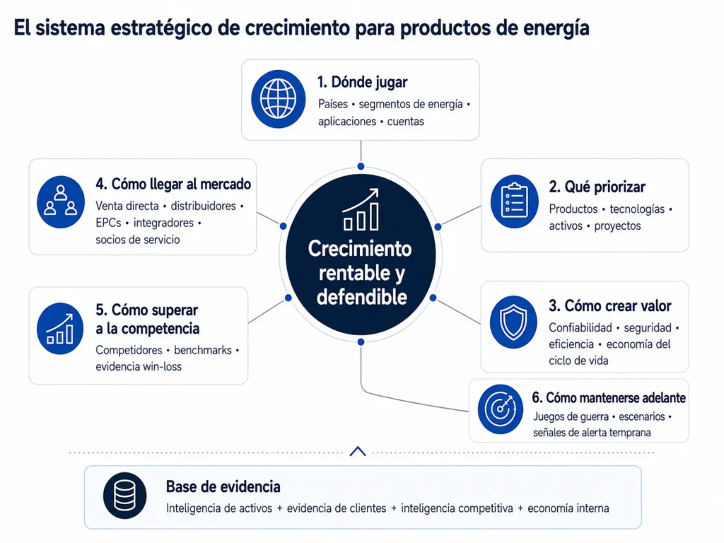 Marco de consultoría de Midas para productos de energía que conecta priorización de mercados, activos y tecnologías energéticas, valor operativo para el cliente, rutas al mercado, inteligencia competitiva, benchmarking, wargames y señales de alerta temprana con un crecimiento rentable.