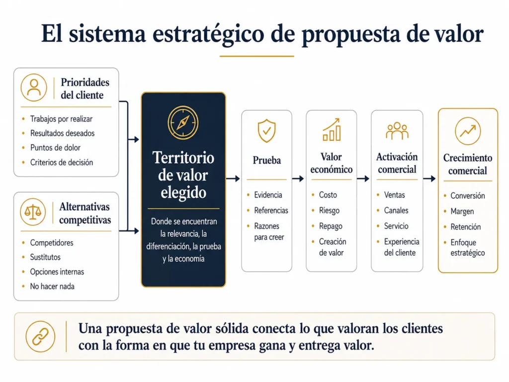 Sistema estratégico de propuesta de valor de Midas que conecta las prioridades de los clientes y las alternativas competitivas con el territorio de valor, las pruebas, la economía, la activación y el crecimiento comercial.