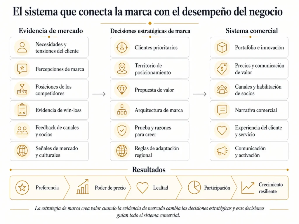 Sistema de Midas que conecta la marca con el desempeño del negocio, integrando evidencia de mercado —como necesidades de los clientes, percepciones de marca, competidores, hallazgos de análisis win-loss, canales y señales del mercado— con decisiones estratégicas sobre clientes, posicionamiento, propuesta de valor, arquitectura, pruebas y adaptación; y luego con portafolio, precios, canales, ventas, experiencia, servicio y comunicación para generar preferencia, poder de fijación de precios, lealtad, participación y crecimiento resiliente.