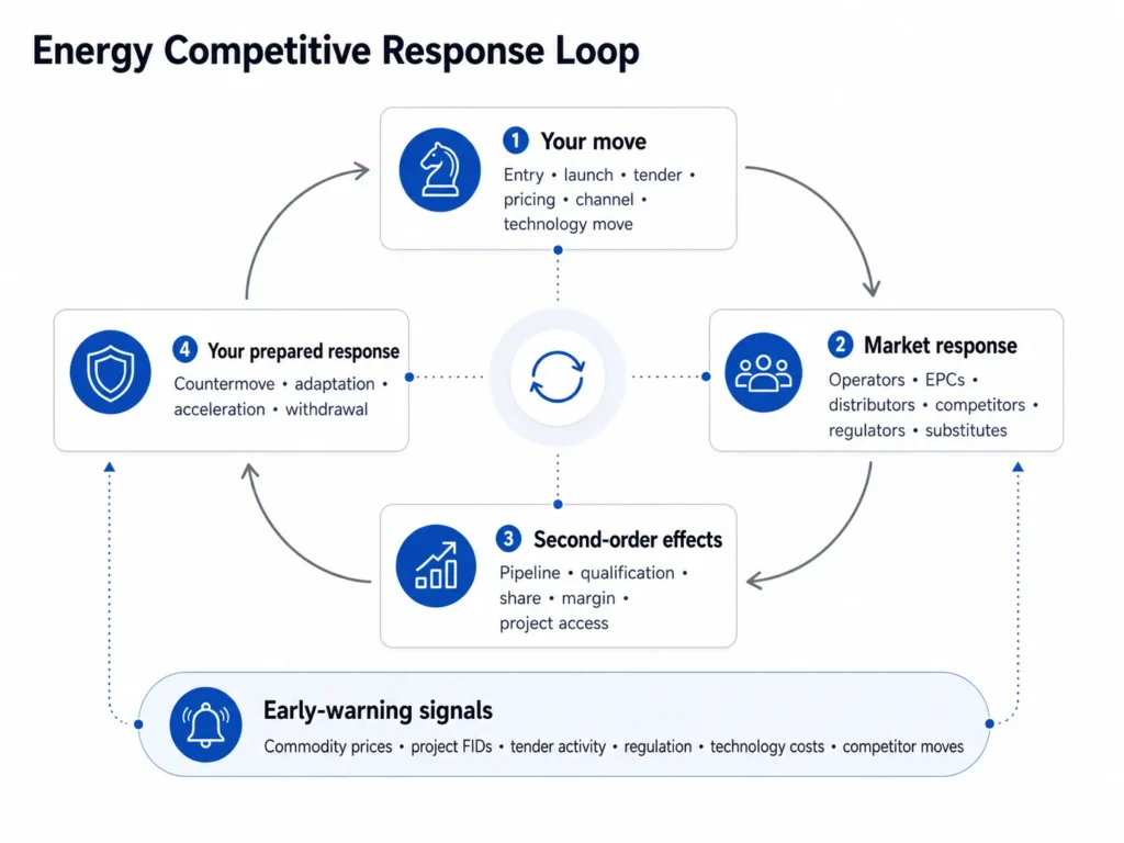 Midas’ Energy competitive response loop connecting supplier moves with operator EPC distributor competitor regulatory and technology-substitution reactions, second-order effects, prepared countermoves, and early-warning signals.