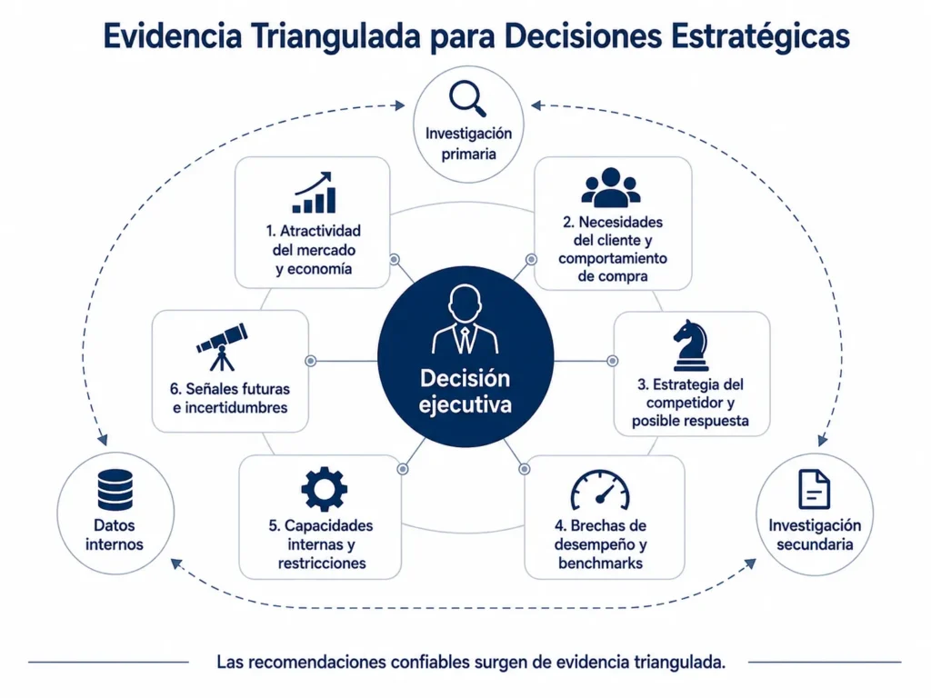 Modelo de evidencia estratégica de Midas que combina economía de mercado, comportamiento de clientes, inteligencia competitiva, benchmarking, capacidades internas y señales futuras alrededor de una decisión ejecutiva.