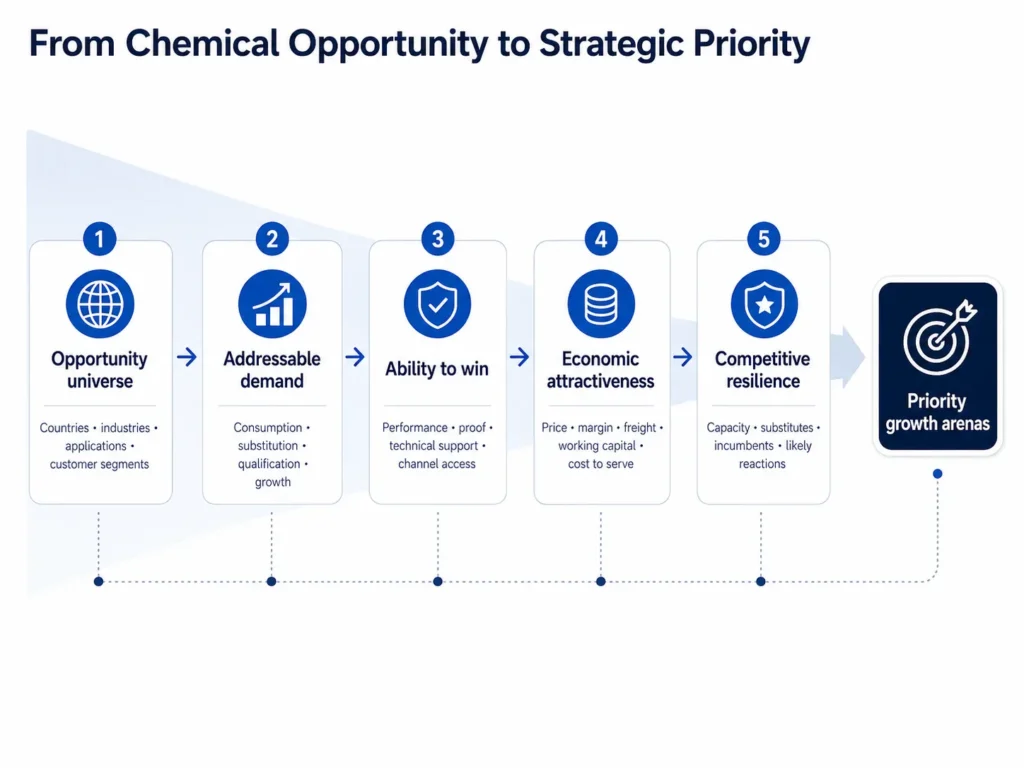 Midas’ Chemical Industry Consulting prioritization funnel moving from countries industries applications and customer segments through addressable demand ability to win economics and competitive resilience to priority growth arenas.