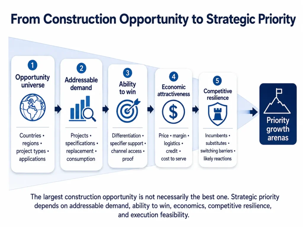 Funil de priorização da consultoria da Midas para produtos de construção, passando de países, regiões, tipos de projeto e aplicações por demanda acessível, capacidade de vencer, economia e resiliência competitiva até chegar às arenas prioritárias de crescimento.
