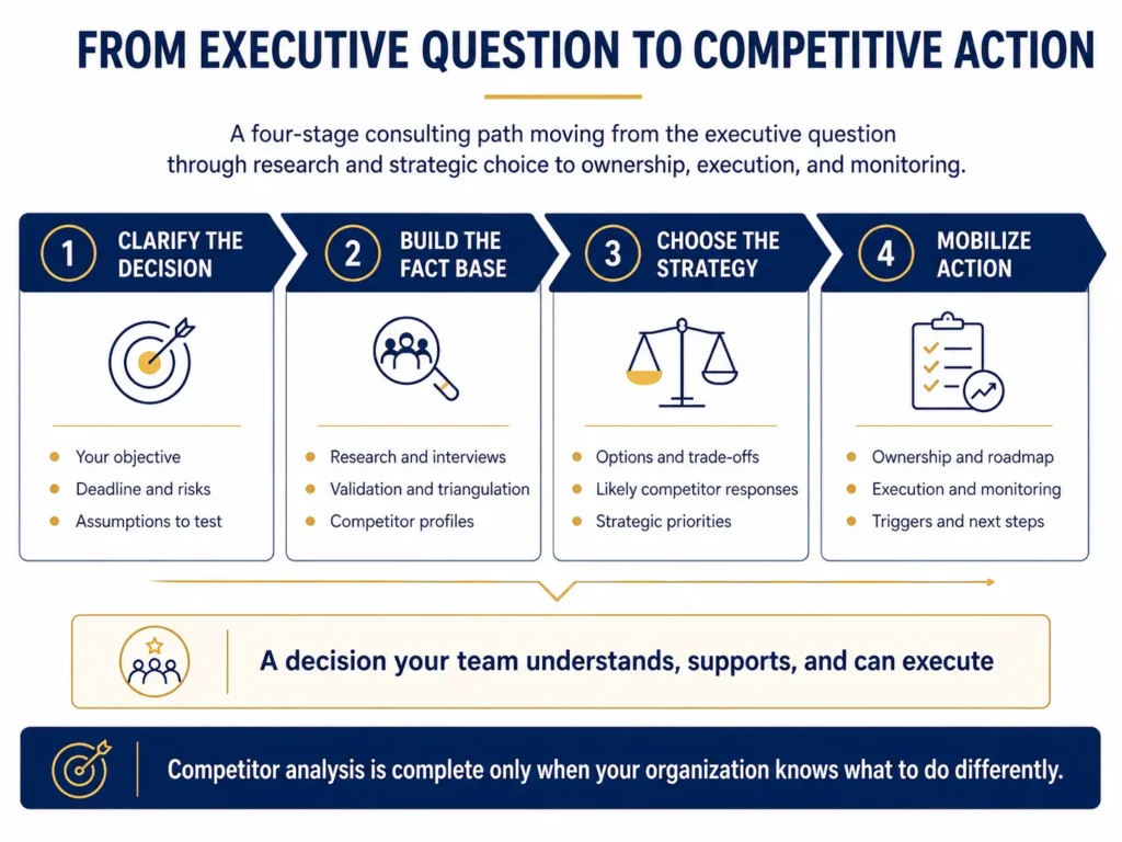 Midas four-stage consulting path moving from the executive question through research and strategic choice to ownership, execution, and monitoring.