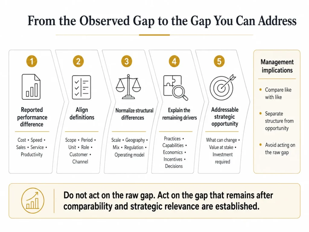 Midas five-stage benchmarking funnel moving from an observed performance difference through aligned definitions, normalization, driver analysis, and an addressable strategic opportunity.