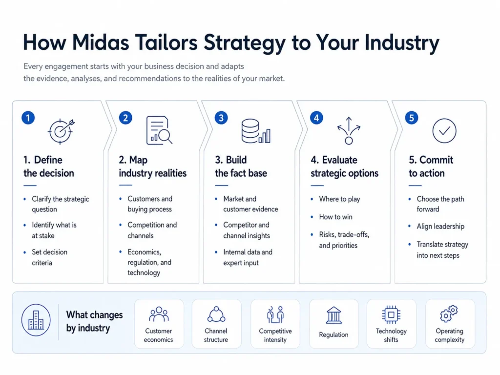 Five-step strategic consulting process showing how Midas tailors strategy to each industry, from defining the decision to committing to action.