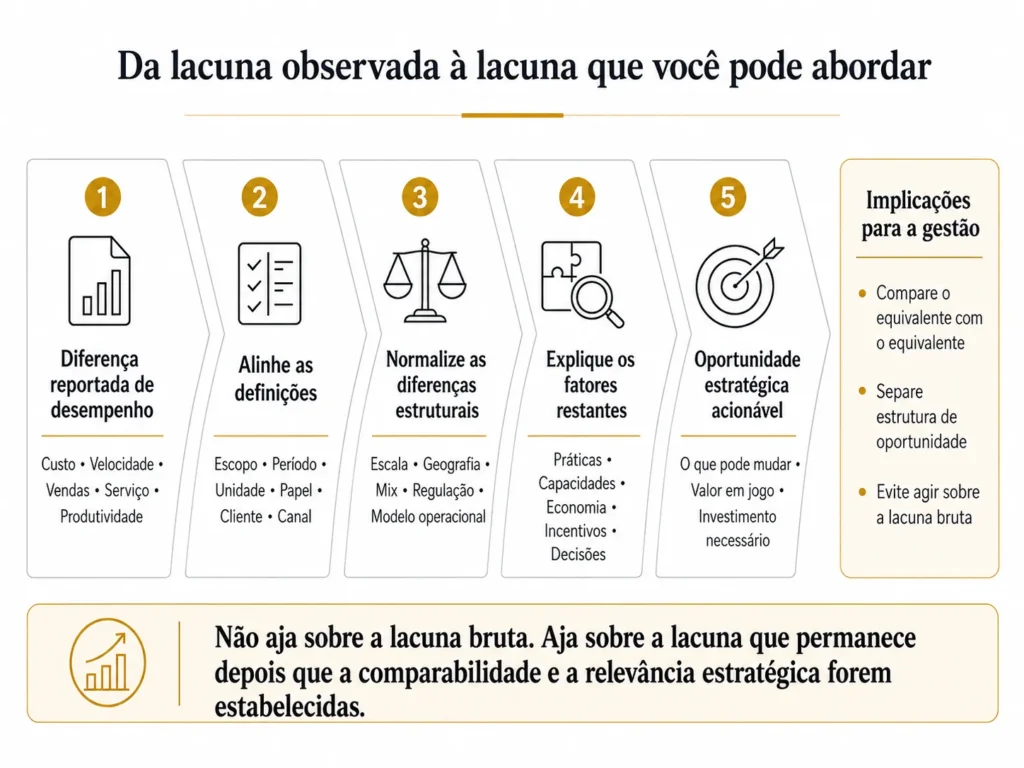 Funil de benchmarking da Midas em cinco etapas, passando de uma diferença de desempenho observada por definições alinhadas, normalização e análise dos fatores até uma oportunidade estratégica que pode ser abordada.