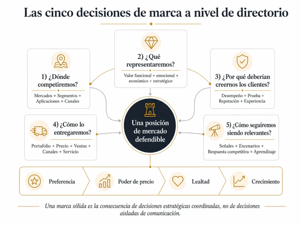 Las cinco decisiones de marca de nivel directivo de Midas: dónde competir, qué debe representar la marca, por qué deberían creerle los clientes, cómo debe cumplirla la organización y cómo mantendrá su relevancia; para lograr una posición de mercado defendible, preferencia del cliente, poder de fijación de precios, lealtad y crecimiento.