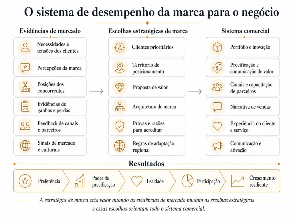 Sistema da Midas que conecta marca e desempenho do negócio, ligando evidências de mercado — incluindo necessidades dos clientes, percepções da marca, concorrentes, conclusões de win-loss, canais e sinais de mercado — a escolhas estratégicas sobre clientes, posicionamento, proposta de valor, arquitetura, evidências e adaptação e, depois, a portfólio, preços, canais, vendas, experiência, serviço e comunicação para gerar preferência, poder de precificação, lealdade, participação e crescimento resiliente.