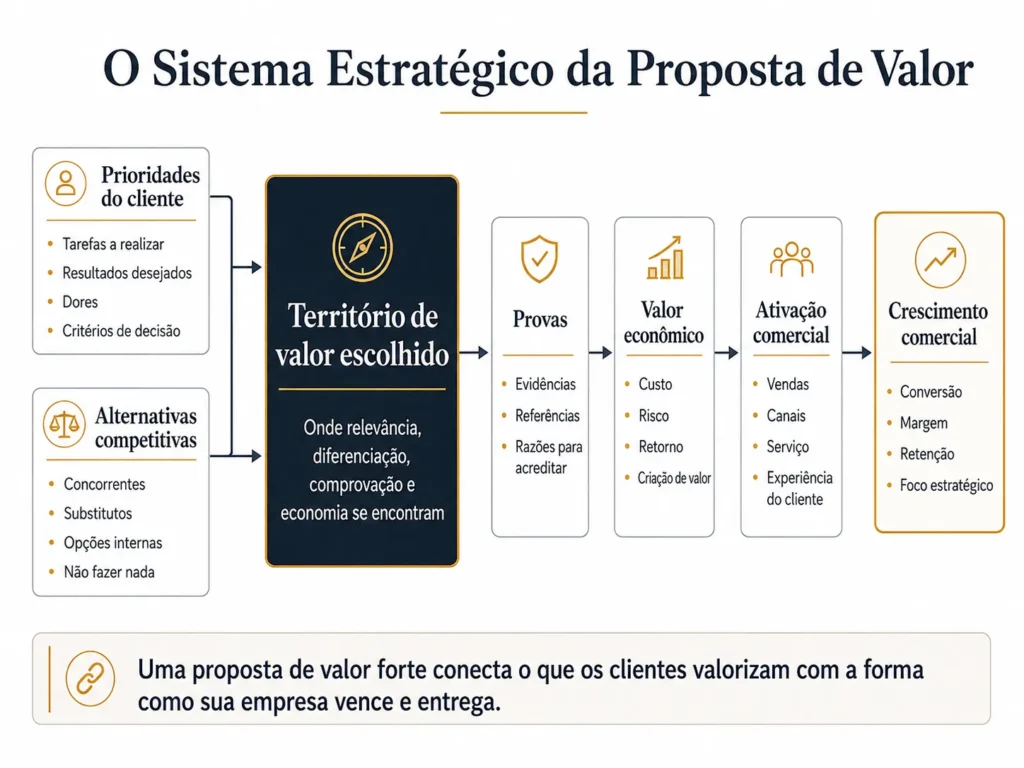 Sistema estratégico de proposta de valor da Midas conectando prioridades dos clientes e alternativas competitivas ao território de valor, evidências, economia, ativação e crescimento comercial.