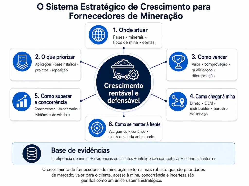 Framework estratégico da Midas para fornecedores de mineração conectando priorização de mercados, aplicações em minas, valor para o cliente, acesso aos canais, inteligência competitiva, benchmarking, wargames e sinais de alerta antecipado ao crescimento rentável.