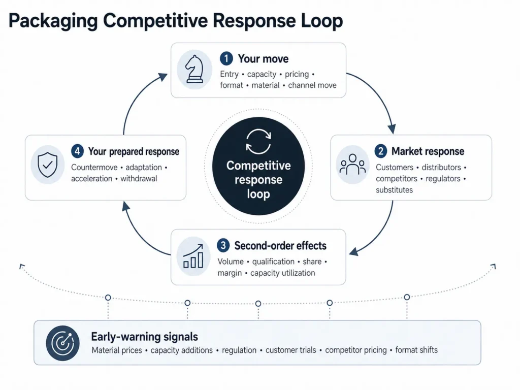 Midas’ Packaging competitive response loop connecting supplier moves with customer distributor competitor regulatory and material-substitution reactions, second-order effects, prepared countermoves, and early-warning signals.
