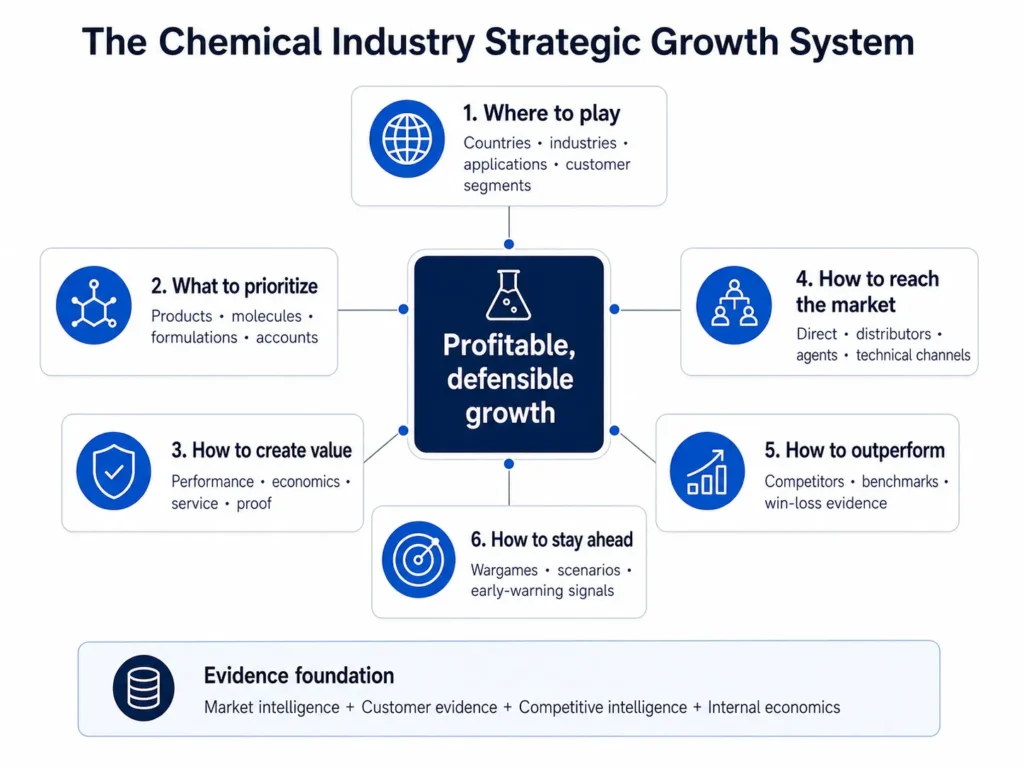 Midas’ chemical Industry Consulting framework connecting market prioritization, products and applications, customer value, routes to market, competitive intelligence, benchmarking, wargames, and early-warning signals to profitable growth.