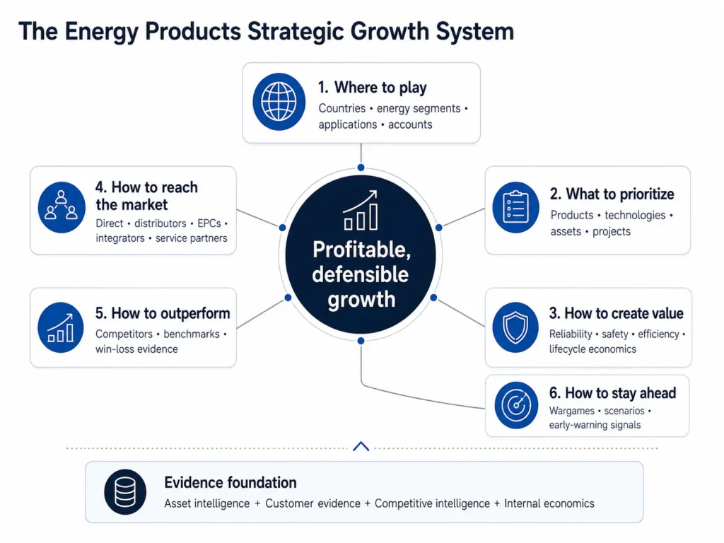 Midas’ Energy Products Consulting framework connecting market prioritization, energy assets and technologies, operational customer value, routes to market, competitive intelligence, benchmarking, wargames, and early-warning signals to profitable growth.