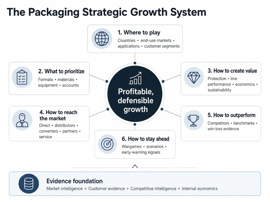 Midas’ Packaging Industry Consulting framework connecting market prioritization, packaging formats and materials, customer value, line performance, routes to market, competitive intelligence, benchmarking, wargames, and early-warning signals to profitable growth.