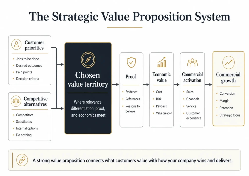 Midas strategic value proposition system linking customer priorities and competitive alternatives to value territory, proof, economics, activation, and commercial growth.