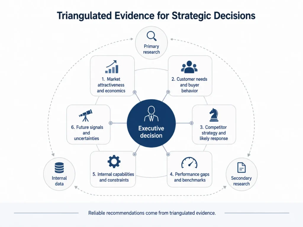 Midas strategic evidence model combining market economics, customer behavior, competitor intelligence, benchmarking, internal capabilities, and future signals around an executive decision.