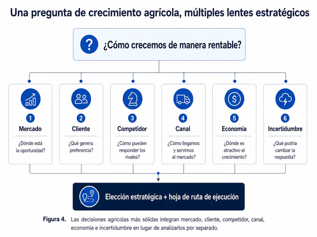 Marco de decisión estratégica agrícola de Midas Consulting que integra mercado, cliente, competencia, canal, economía e incertidumbre en una decisión estratégica y una hoja de ruta de ejecución.