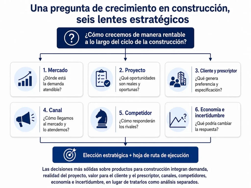 Marco de decisión estratégica de Consultoría en Productos para la Construcción de Midas que integra la demanda del mercado, la realidad de los proyectos, el valor para clientes y especificadores, los canales, los competidores, la economía del negocio y la incertidumbre en una elección estratégica y una hoja de ruta de ejecución.