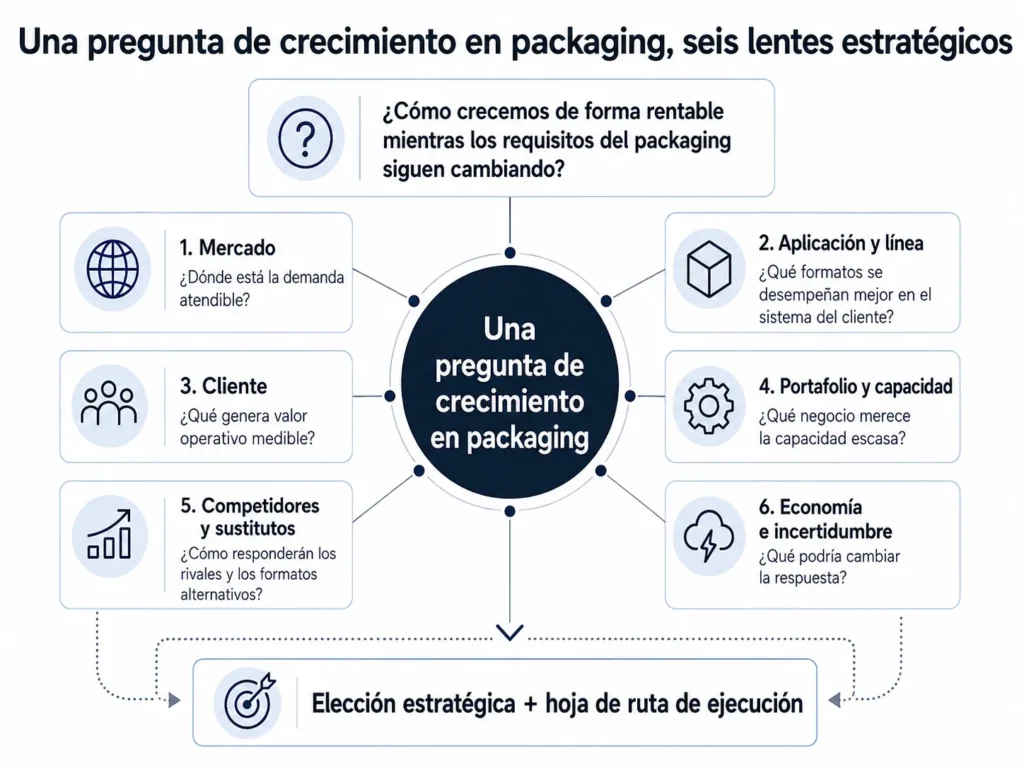 Marco de decisión estratégica de la consultoría de Midas para la industria del packaging que integra demanda de mercado, desempeño de línea, valor para el cliente, portafolio, capacidad, competidores, sustitutos, economía e incertidumbre en una decisión estratégica y una hoja de ruta de ejecución.