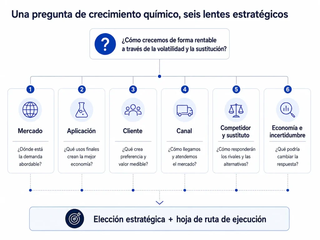 Marco de decisión estratégica de la consultoría de Midas para la industria química que integra demanda de mercado, economía de las aplicaciones, valor para el cliente, canales, competidores, sustitutos, economía e incertidumbre en una decisión estratégica y una hoja de ruta de ejecución.